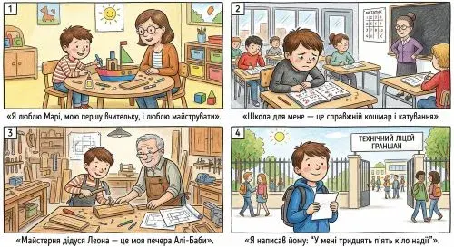 Намалюйте мінікомікс за ключовими епізодами його життя. Доберіть підписи з тексту повісті