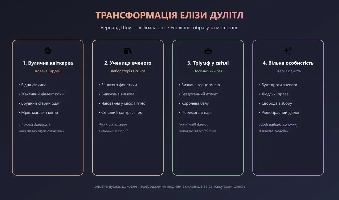 Інфографіка етапів трансформації Елізи Дулітл у п'єсі Бернарда Шоу «Пігмаліон»: від квіткарки до герцогині та незалежної особистості