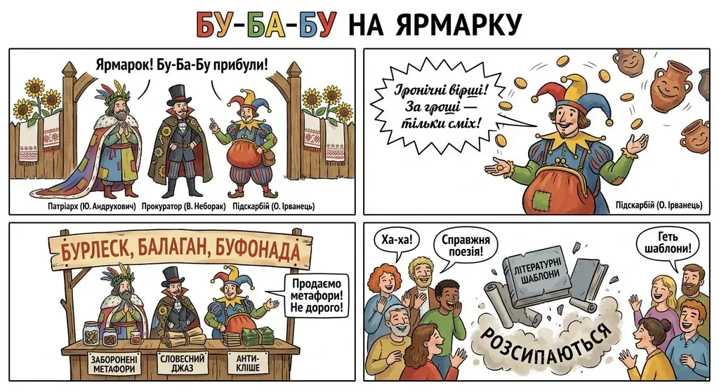 Кольоровий постмодерністський комікс на 4 панелі про гурт «Бу-Ба-Бу» на ярмарку. Поети Андрухович, Неборак та Ірванець у сюрреалістичних костюмах продають «заборонені метафори», жонглюють монетами та руйнують старі літературні шаблони під сміх публіки.