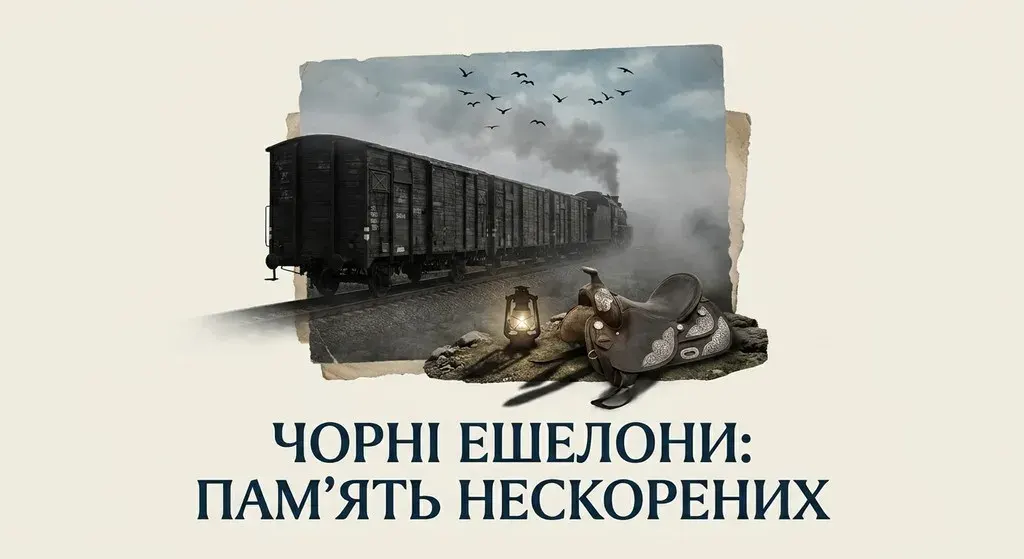 Драматичний цифровий колаж, що зображує депортацію кримських татар 1944 року: товарний потяг у тумані, традиційне кримськотатарське сідло на передньому плані та напис «ЧОРНІ ЕШЕЛОНИ: ПАМ’ЯТЬ НЕСКОРЕНИХ».