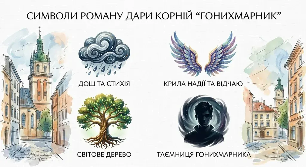 Освітня інфографіка про символи роману Дари Корній «Гонихмарник», що зображує дощову хмару, крила, дуб та силует юнака на фоні художнього Львова.