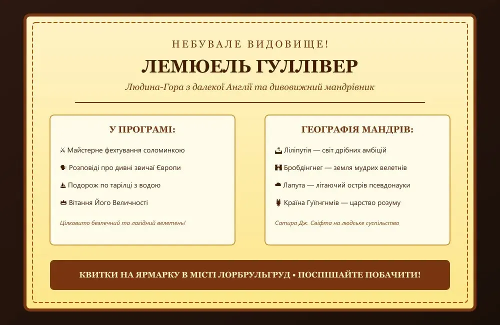 Ретро-постер виступу Лемюеля Гуллівера як Велетня-дивини в країні Бробдінгнег за романом Джонатана Свіфта
