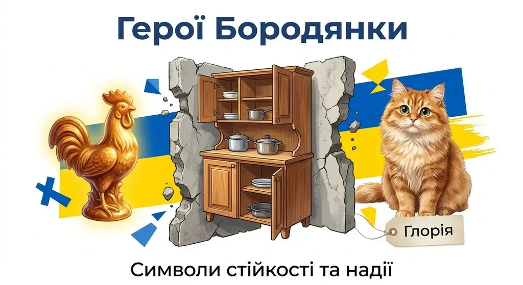 Креативний колаж «Герої Бородянки» із зображенням знаменитої кухонної шафки на зруйнованій стіні, керамічного півника та рудої кішки Глорії на синьо-жовтому фоні.