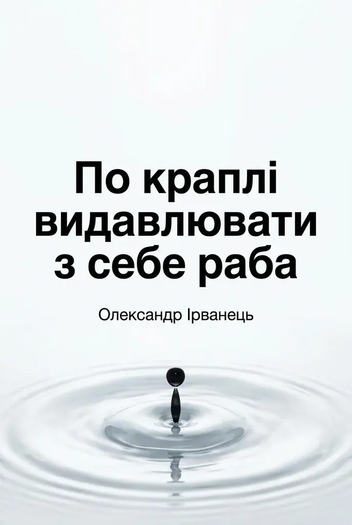 Мінімалістичний вертикальний плакат для літературного флешмобу з цитатою Олександра Ірванця «По краплі видавлювати з себе раба» на фоні краплі чорнила, що падає у воду й утворює кола.