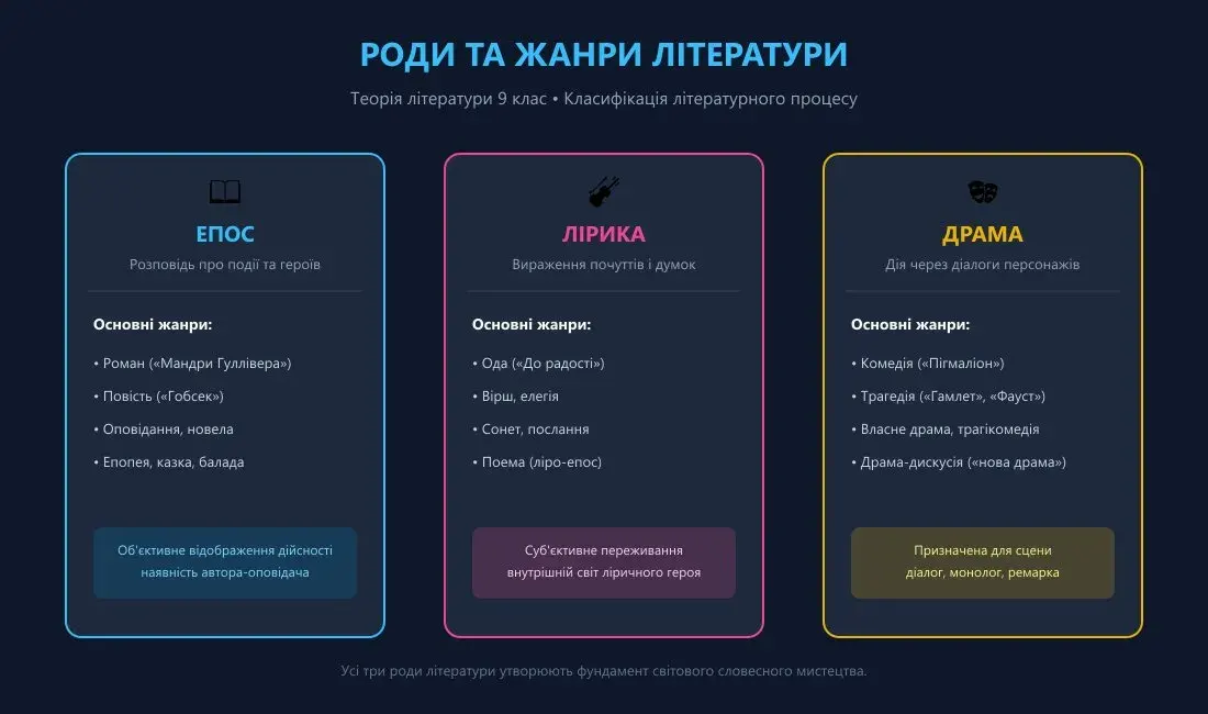 Навчальний плакат «Роди літератури: Епос, Лірика, Драма» із характеристиками жанрів та прикладами