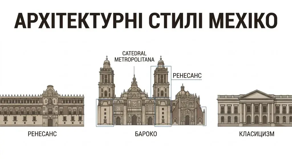 Детальний архітектурний плакат із зображенням Кафедрального собору та історичних будівель на площі Сокало в Мехіко. На плакаті представлені стилі ренесанс, бароко та класицизм з підписами українською мовою: «Архітектурні стилі Мехіко», «Ренесанс», «Бароко» та «Класицизм».
