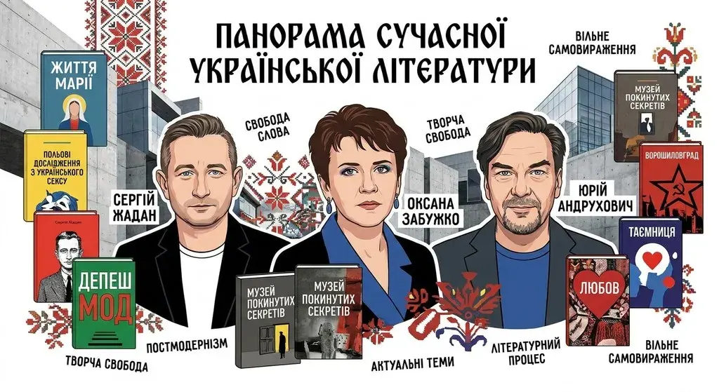 Яскравий цифровий колаж «Панорама сучасної української літератури» з портретами Сергія Жадана, Оксани Забужко та Юрія Андруховича, обкладинками книг і написами про свободу на фоні поєднання урбаністичних текстур та традиційних мотивів.