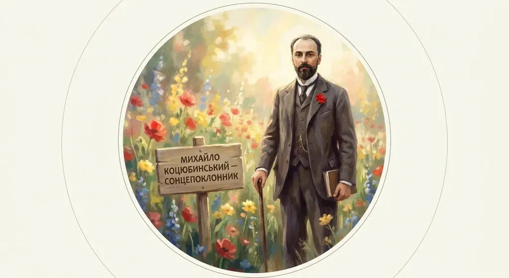 Імпресіоністичний портрет Михайла Коцюбинського в сонячному саду серед яскравих квітів; письменник у костюмі з квіткою в петлиці поруч із дерев'яною табличкою з написом «МИХАЙЛО КОЦЮБИНСЬКИЙ — СОНЦЕПОКЛОННИК».