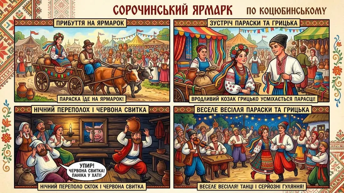 Барвистий комікс на 4 кадри за повістю Миколи Гоголя «Сорочинський ярмарок»: прибуття Параски на ярмарок, знайомство з Грицьком, нічний переполох і весільний гопак