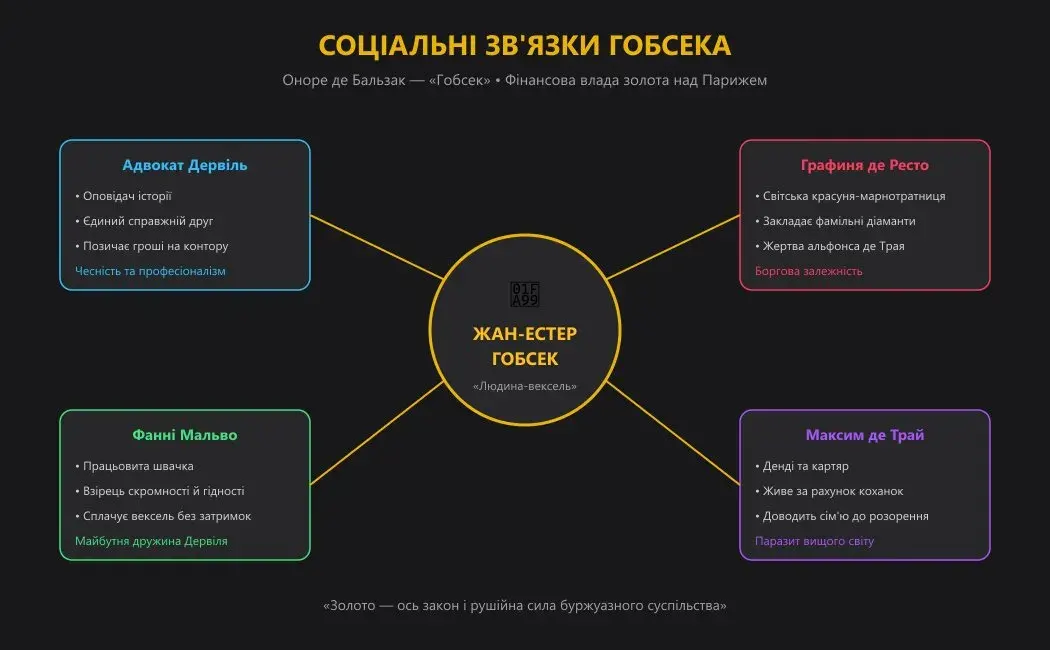 Схема соціальних зв'язків та фінансової павутини лихваря Гобсека в повісті Оноре де Бальзака