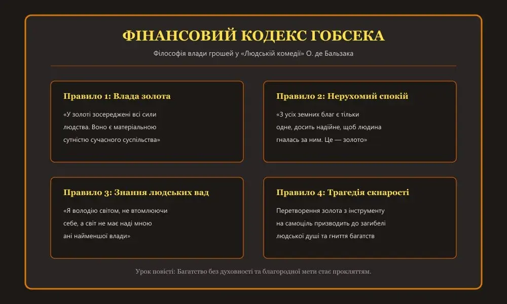 Вінтажний плакат-пам'ятка життєвих принципів та цитат лихваря Гобсека про владу золота