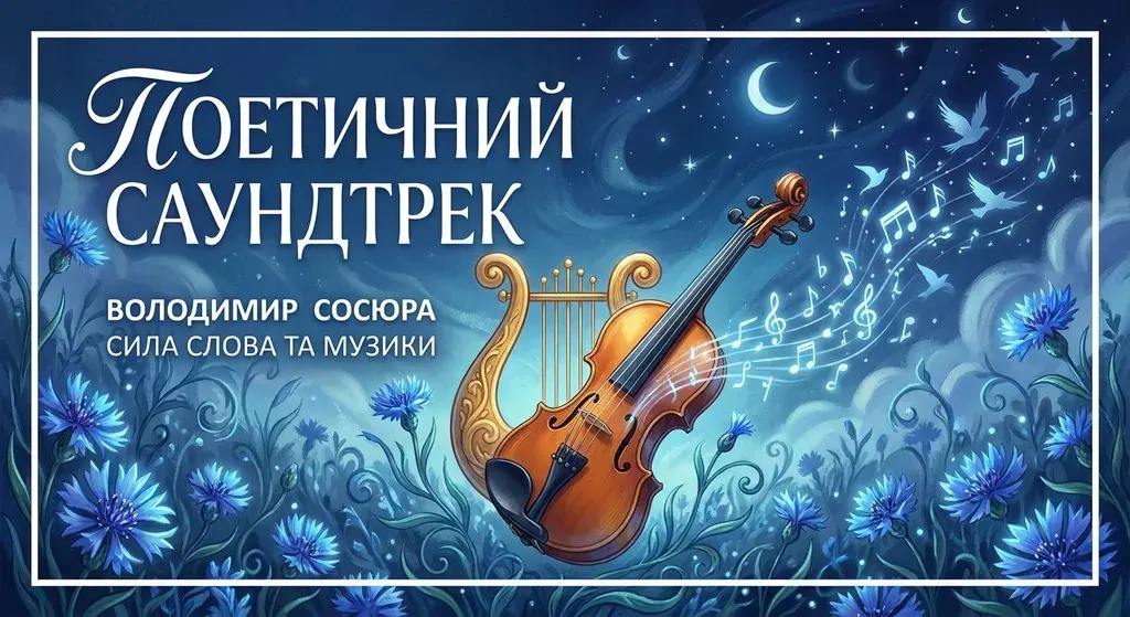 Креативний художній плакат «Поетичний саундтрек», присвячений Володимиру Сосюрі. Золота ліра зливається зі скрипкою на фоні синього саду з волошками, а ноти-птахи злітають у зоряне нічне небо.