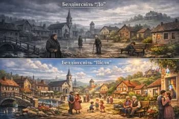 малюнок-панораму міста Белдінґсвіль до і після того, як у ньому оселилася Полліанна