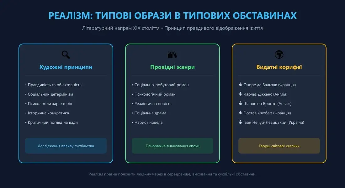 Інфографічний банер «Реалізм у світовій літературі XIX століття: Бальзак, Діккенс, Флобер»