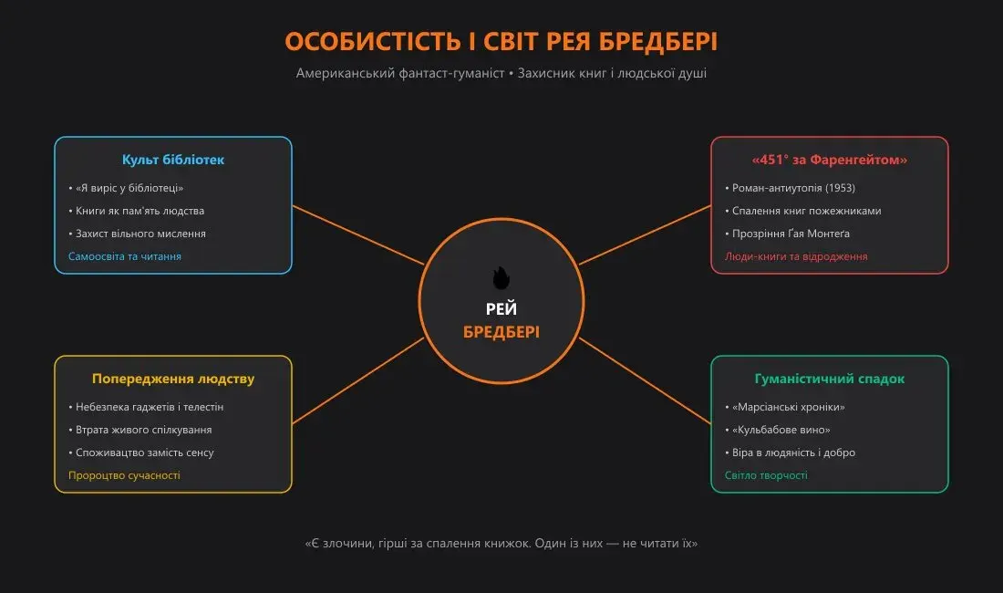 Інтелект-карта «Особистість та ідеї Рея Бредбері»: любов до читання, застереження проти технократії та гуманізм
