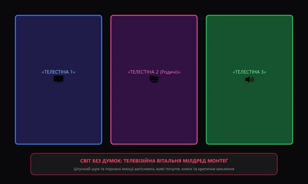Ілюстрація кімнати з «телевізорними стінами» у тоталітарному антиутопічному суспільстві майбутнього