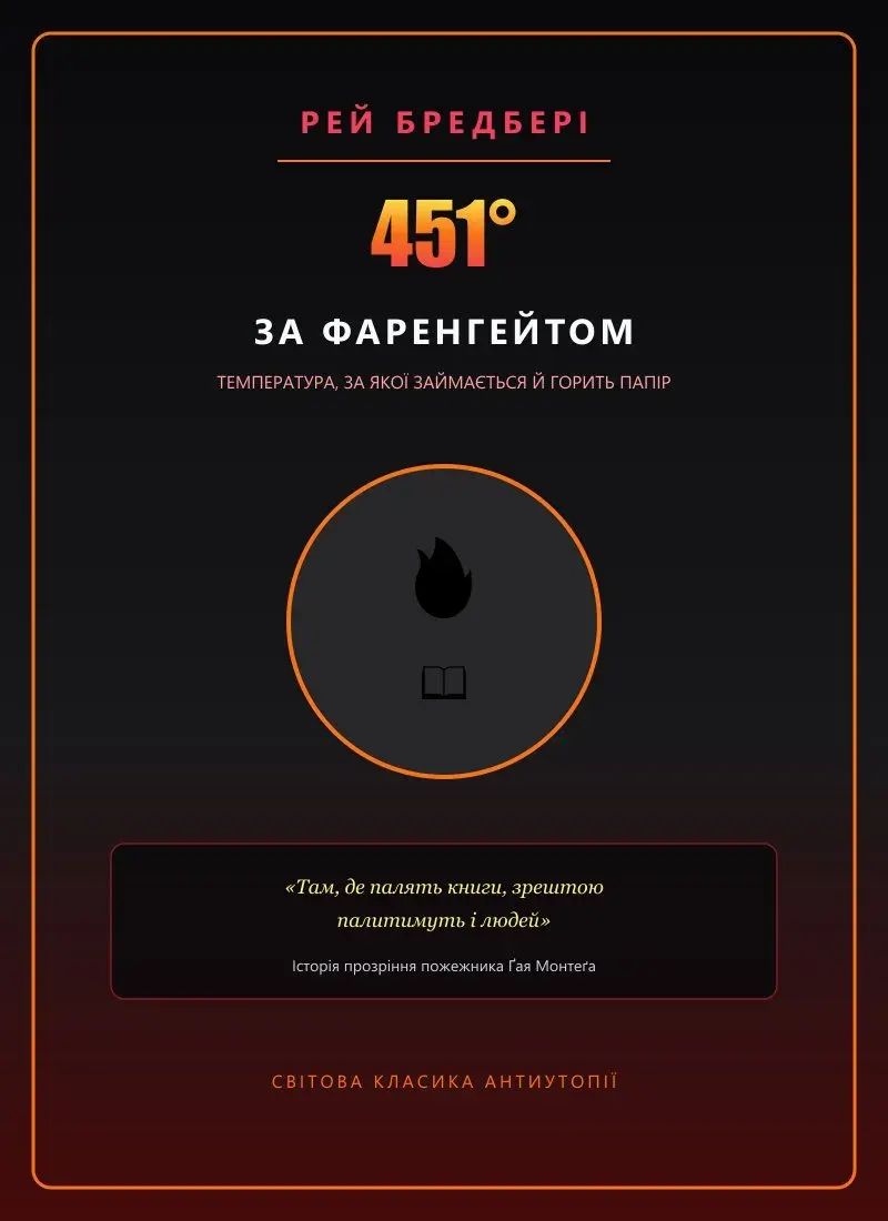 Художня обкладинка до роману Рея Бредбері «451° за Фаренгейтом»: пожежний шолом, палаюча книга та птах Фенікс