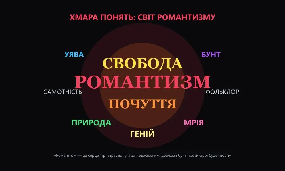 Хмара слів у формі полум'я з ключовими поняттями Романтизму: Свобода, Почуття, Уява, Бунт, Мрія