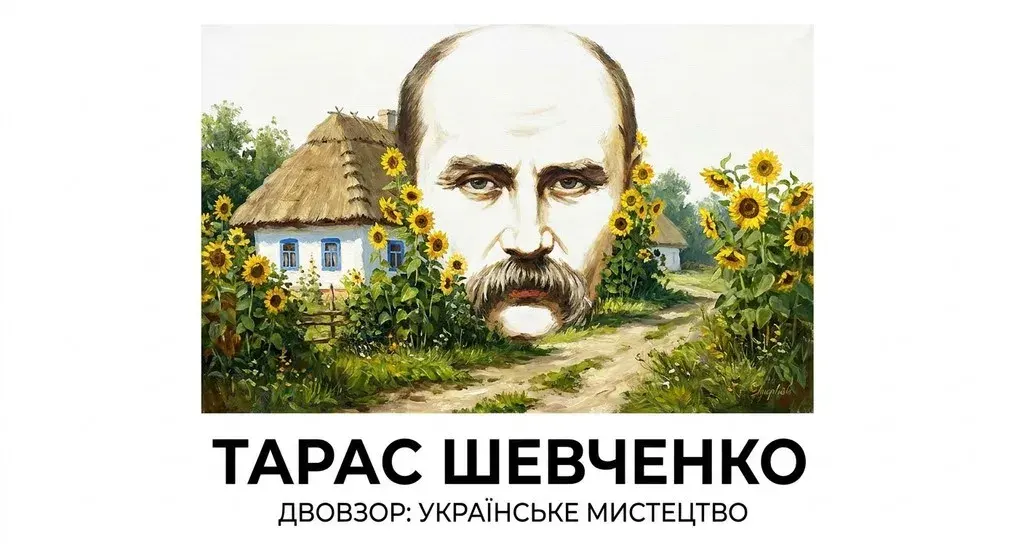 Художня картина в стилі «двовзорів» Олега Шупляка: пейзаж із традиційною українською хатою, соняшниками та стежкою, що разом утворюють портрет Тараса Шевченка.