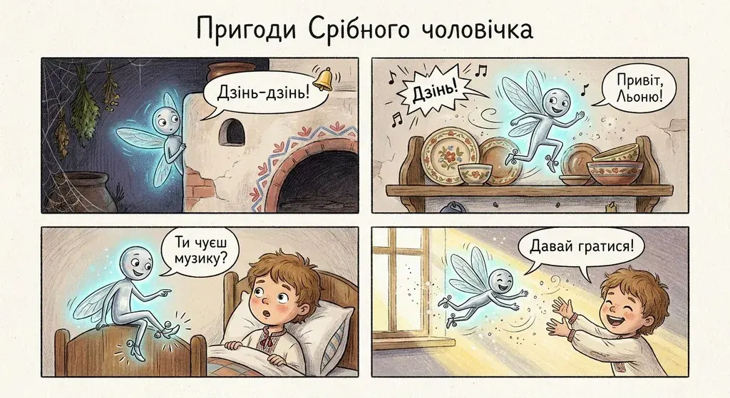 Мальований комікс на 4 панелі за мотивами повісті Віктора Близнеця про Сріблястого чоловічка. На кадрах: крилатий сріблястий чоловічок визирає з-за печі, стрибає по миснику, знайомиться з хлопчиком Льонькою та грається з ним у сонячному промінні. Присутні написи: «Дзінь-дзінь!», «Привіт, Льоню!», «Ти чуєш музику?», «Давай гратися!».