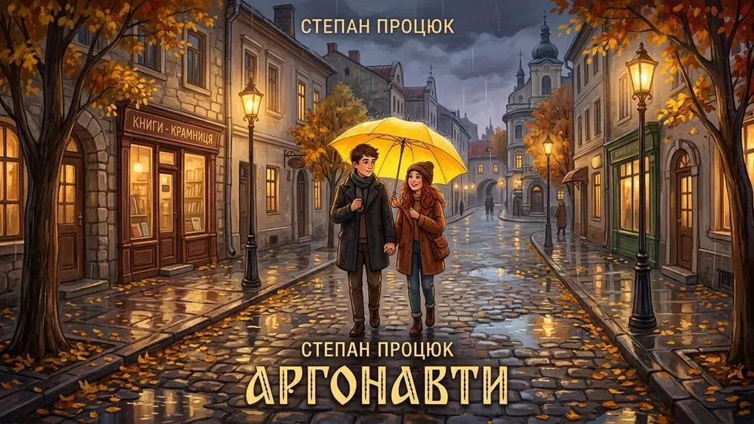 Ілюстрація до повісті Степана Процюка «Аргонавти»: Марійка та Костик під жовтою парасолькою на затишній дощовій вулиці містечка восени