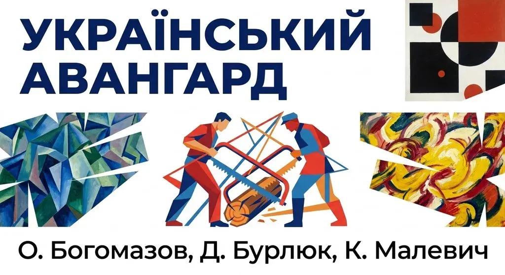 Цифровий освітній плакат «УКРАЇНСЬКИЙ АВАНГАРД» з ілюстрацією за мотивами картини Богомазова «Пилярі», іменами видатних художників та динамічними геометричними елементами.