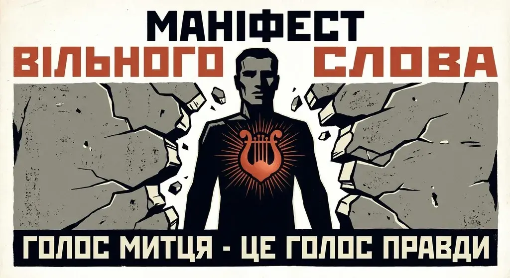 Мінімалістичний вінтажний плакат у стилі українського лінориту 1960-х років, натхненний Аллою Горською. Стилізований силует людини з палаючим серцем у формі ліри пробиває сіру бетонну стіну. Контрастна палітра теракотового, чорного та кремового кольорів з написами «МАНІФЕСТ ВІЛЬНОГО СЛОВА» та «ГОЛОС МИТЦЯ — ЦЕ ГОЛОС ПРАВДИ».