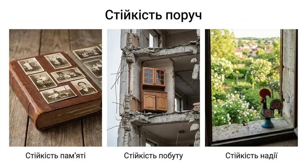 Серія фотографій «Стійкість поруч»: старий сімейний альбом на дерев'яному столі, кухонна шафка на вцілілій стіні зруйнованого будинку та керамічний півник на підвіконні на фоні квітучого саду.