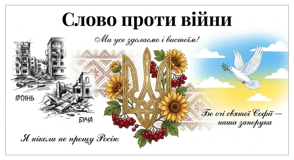 Цифровий колаж «Слово проти війни»: у центрі золотий тризуб із соняшниками та калиною, зліва — чорно-білі ескізи руїн Ірпеня та Бучі, справа — білий голуб у блакитно-жовтому небі. Написи українською: «Ми усе здолаємо і вистоїм!», «Я ніколи не прощу Росію» та інші.