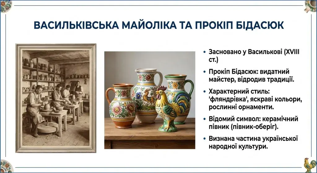 Освітній презентаційний слайд під назвою «Васильківська майоліка та Прокіп Бідасюк», що містить архівне фото керамічної майстерні, яскраві майолікові глечики, керамічного півника та короткі тези про історію заводу.