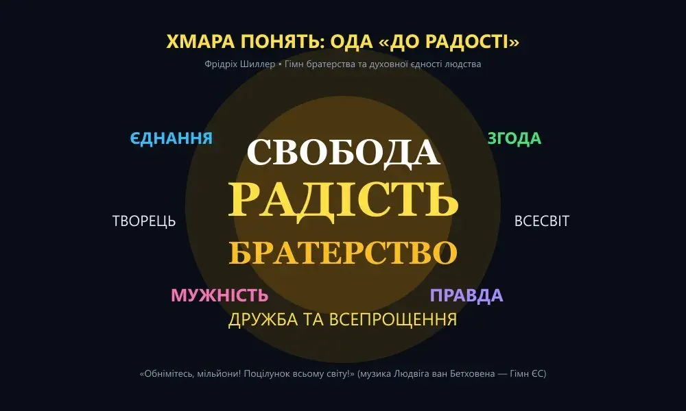Хмара слів у формі сонячного сяйва з ключовими поняттями оди Шиллера «До радості»: Радість, Братерство, Свобода, Єднання