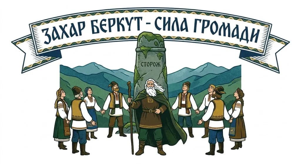 Епічна художня ілюстрація до книги Івана Франка «Захар Беркут»: величний старець із білою бородою серед згуртованої громади на фоні Карпатських гір та священного каменя «Сторож», із написом «ЗАХАР БЕРКУТ — СИЛА ГРОМАДИ».