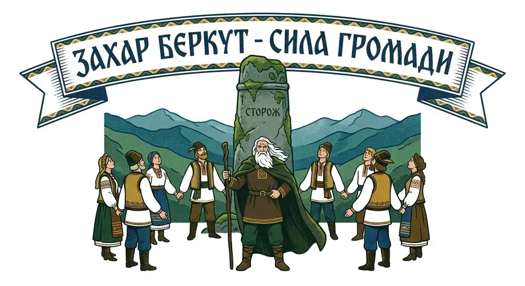 Епічна художня ілюстрація до книги Івана Франка «Захар Беркут»: величний старець із білою бородою серед згуртованої громади на фоні Карпатських гір та священного каменя «Сторож», із написом «ЗАХАР БЕРКУТ — СИЛА ГРОМАДИ».